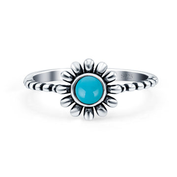Flower Style Petite Dainty Round Ring Solid Oxidized Simulated Turquoise 925 Sterling Silver
